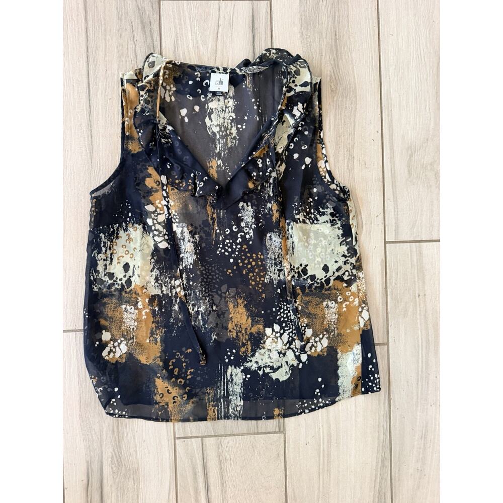 Cabi 4185 Incandescent Top M Black Abstract Print Sleeveless Ruffle Tie Neck CL - Picture 2 of 3